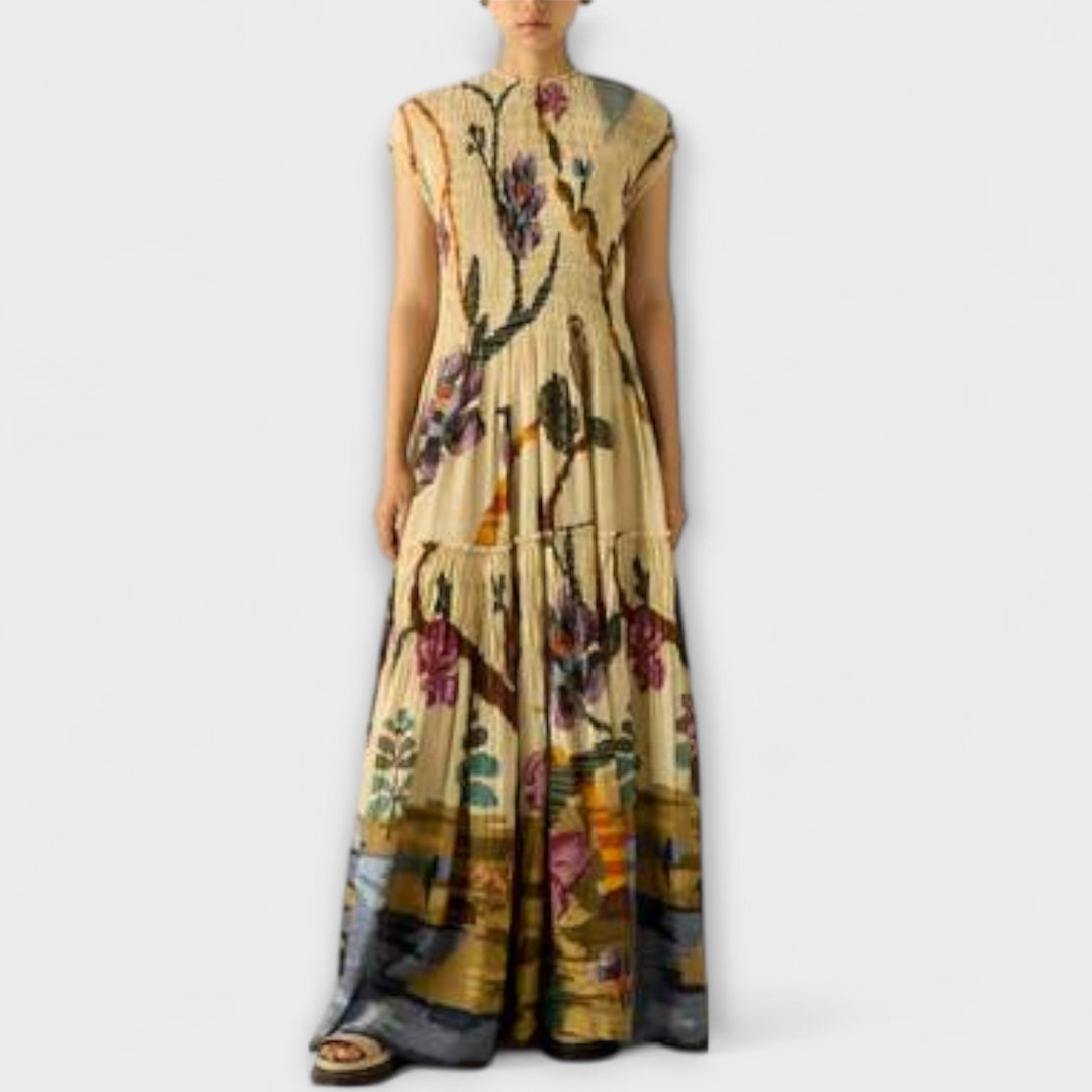Amanda - Vestido maxi plisado amarillo con estampado