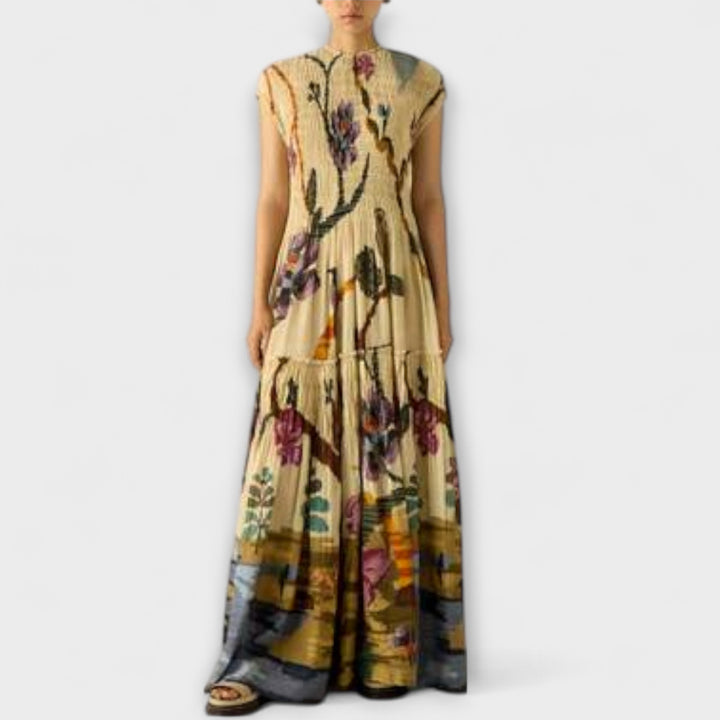 Amanda - Vestido maxi plisado amarillo con estampado