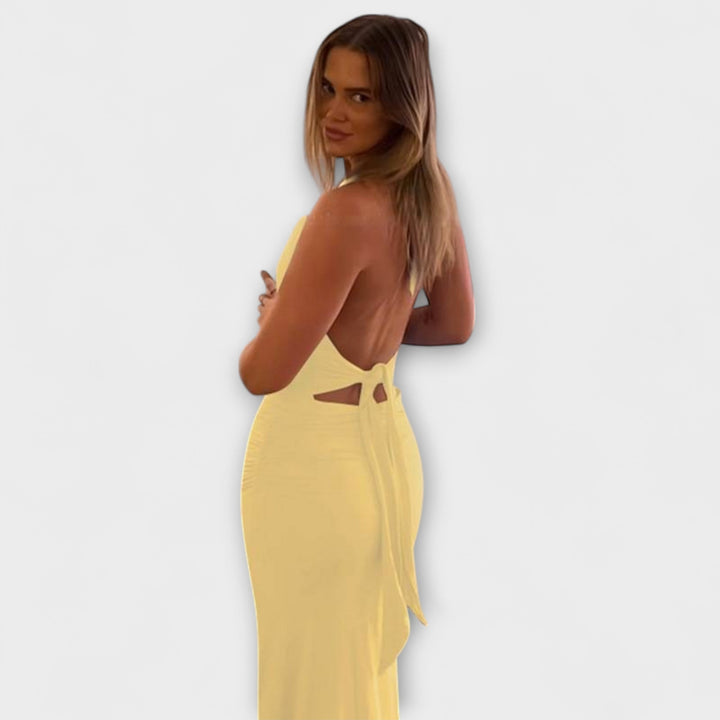 Maxivestido - Estampado acuarela con cuello halter en tonos pastel