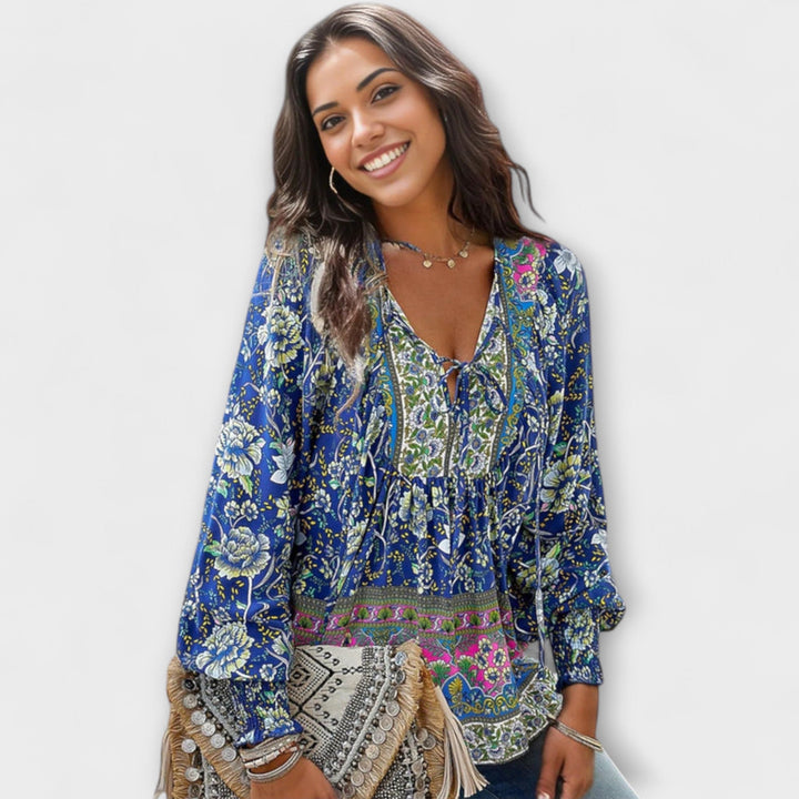 Melodie - Top bohemio con escote en V y lazo frontal