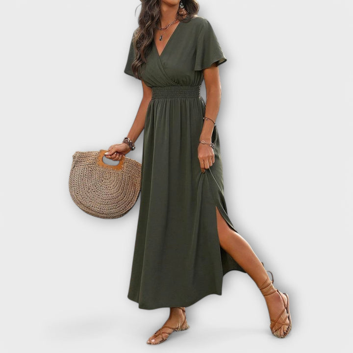 Heather - Vestido boho verde oliva con abertura