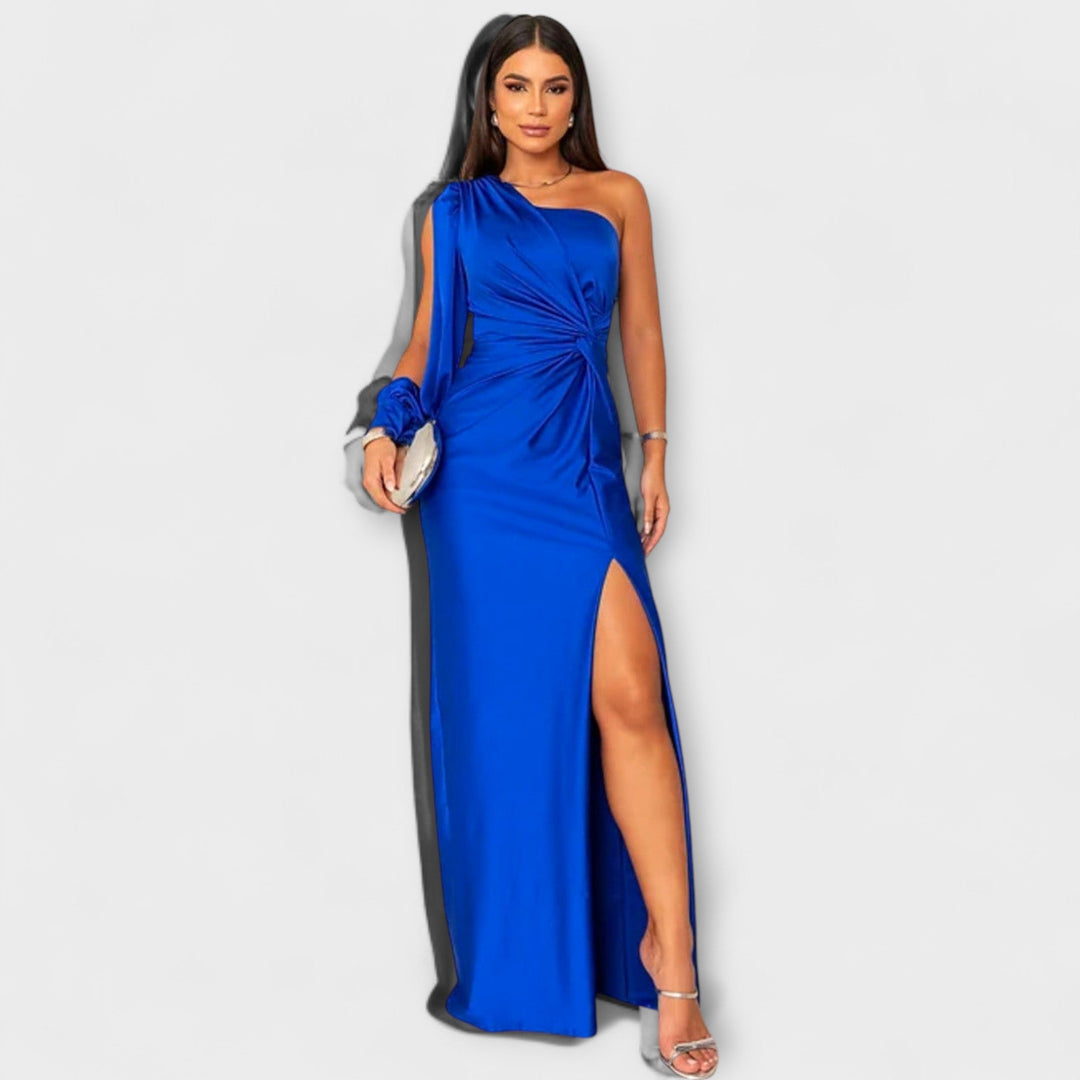 Elisa - Vestido de un solo hombro en color petróleo con fruncidos