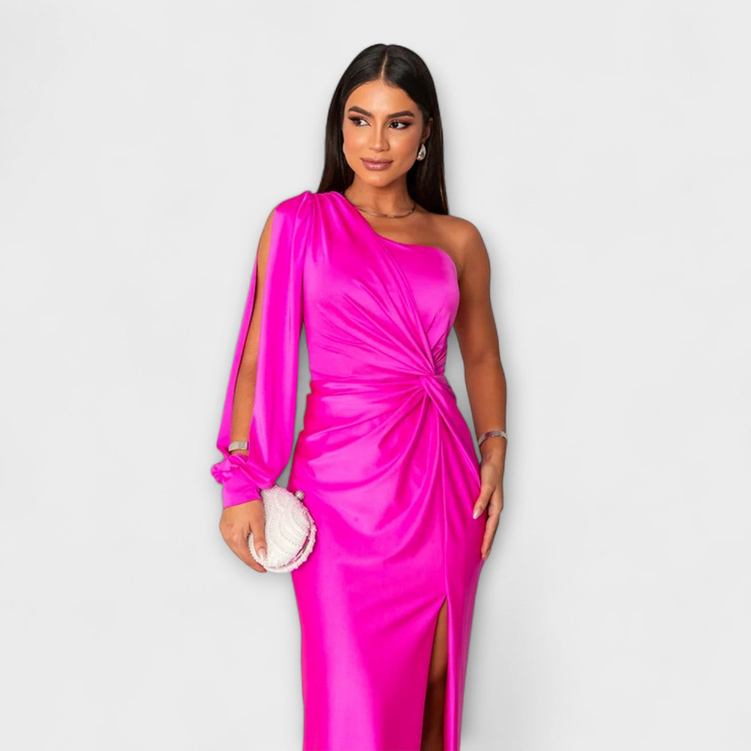 Elisa - Vestido de un solo hombro en color petróleo con fruncidos