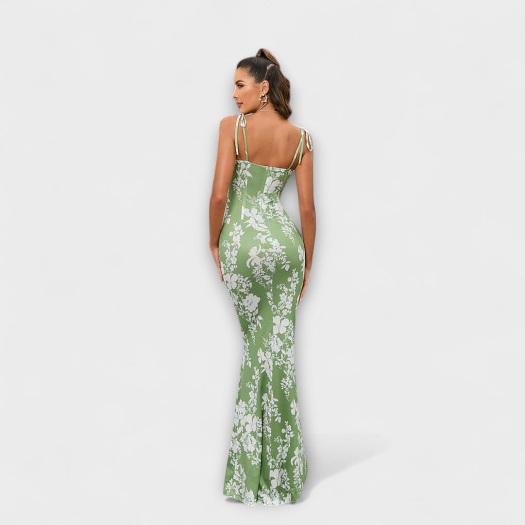 Thalia - Vestido Maxí Verde Oscuro con Estampado Floral