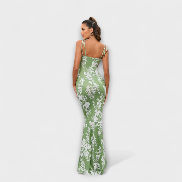 Thalia - Vestido Maxí Verde Oscuro con Estampado Floral