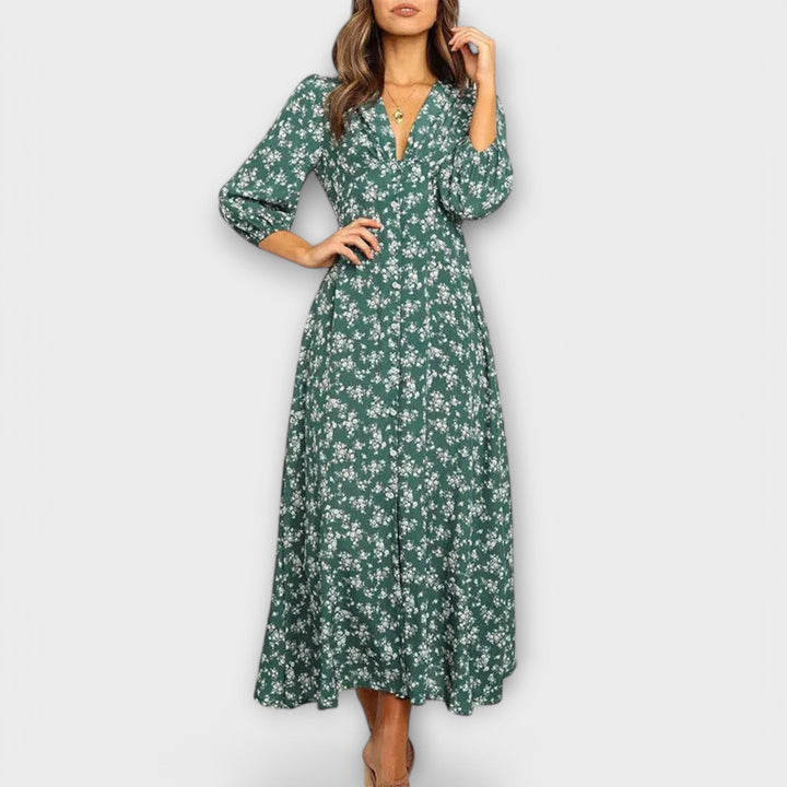 Vestido maxi azul y blanco con estampado de flores
