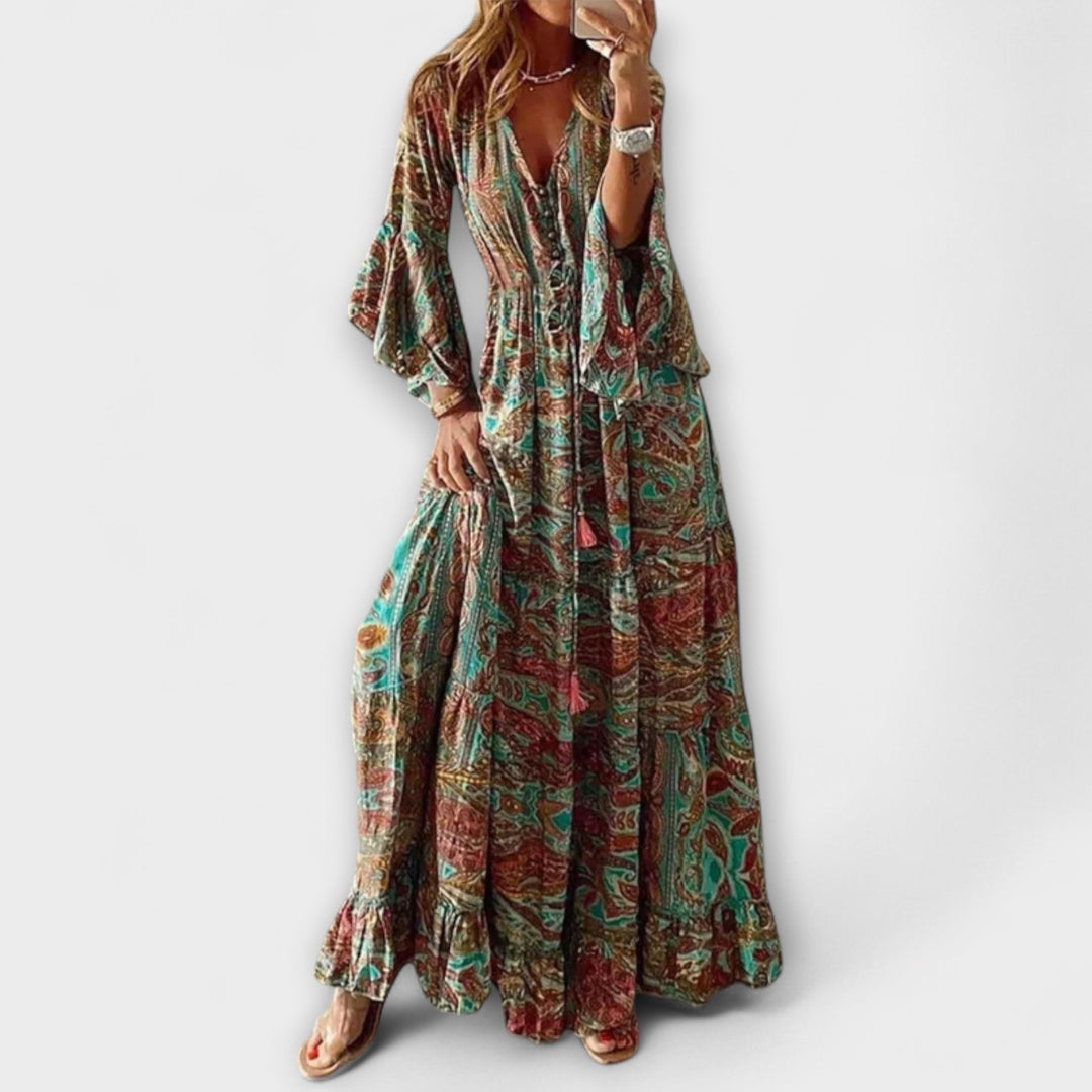 Renatilen - Vestido maxi verde con estampado de paisley