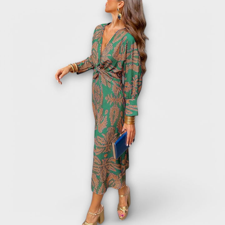 Oriana - Vestido azul con estampado dorado