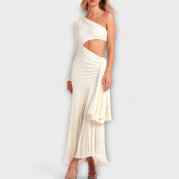 Alice - Vestido maxi crema con cut-out y flecos
