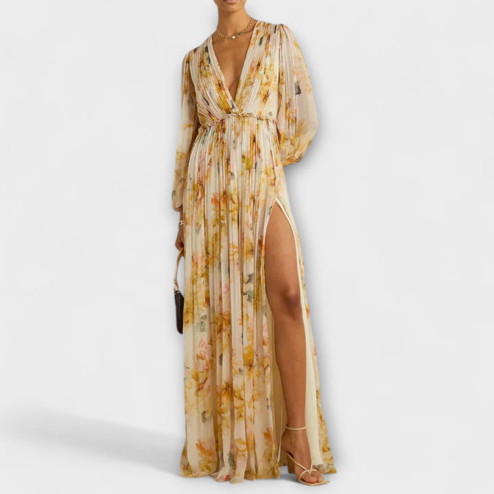 Nele - Vestido maxi amarillo con estampado de flores