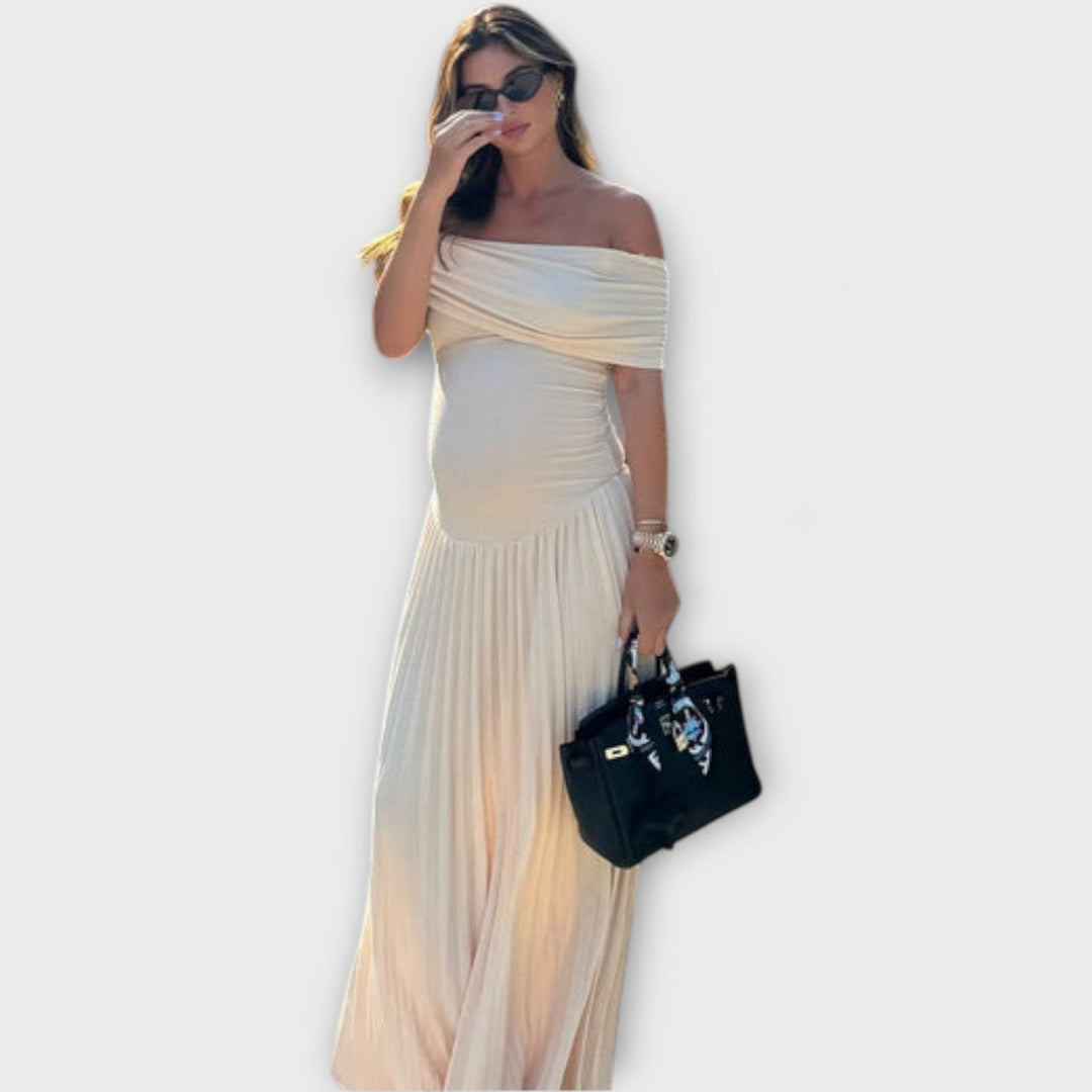 Amara - Vestido de maternidad color crema con pliegues