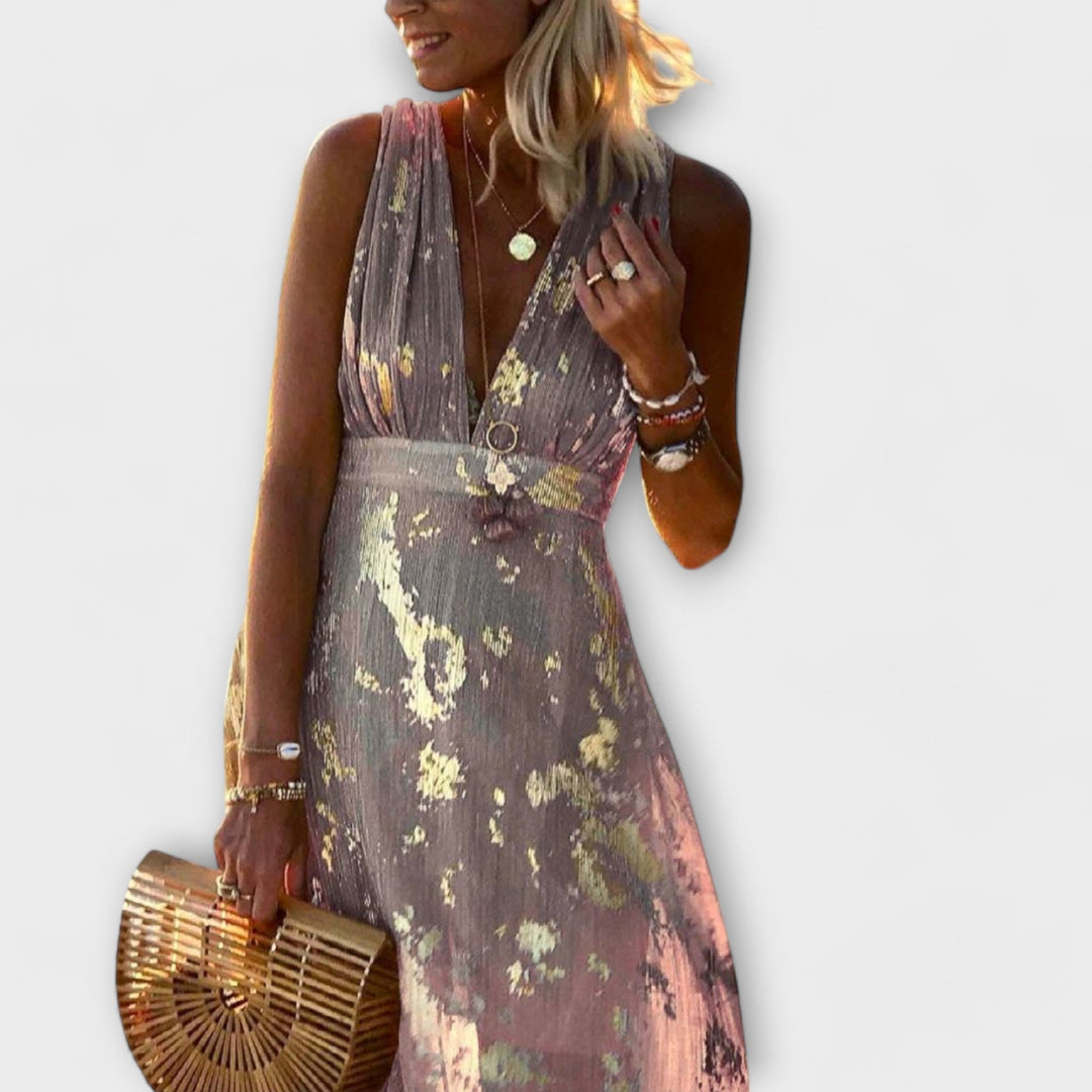 Vestido fluido verde - Escote en V con lentejuelas