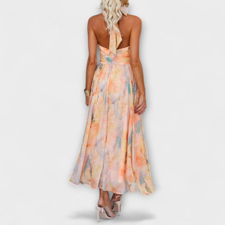 Vestido Maxi de Tirantes Colorido con Estampado Acuarelado y Espalda Descubierta