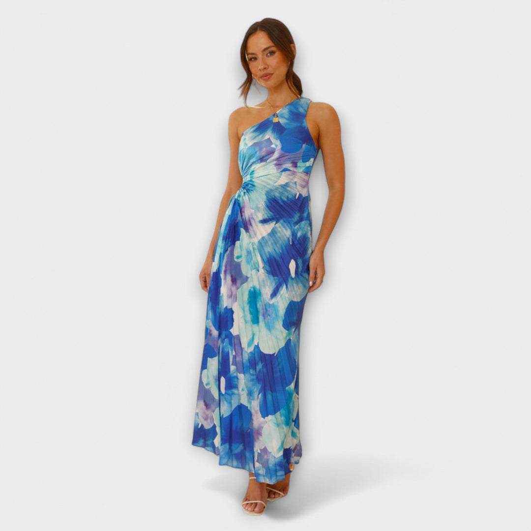 Sienna - Vestido maxí azul con cut-out y estampado de acuarela