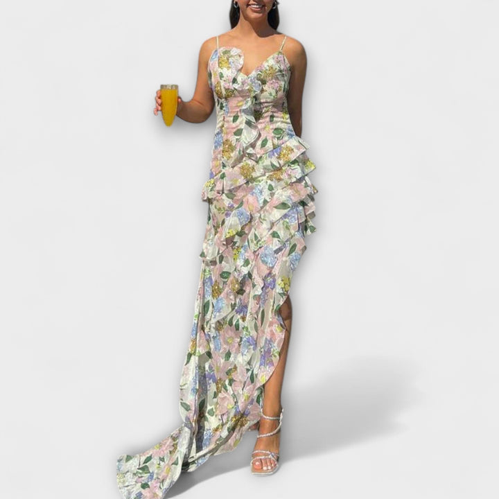 Indie - Vestido maxi colorido con estampado floral y volantes