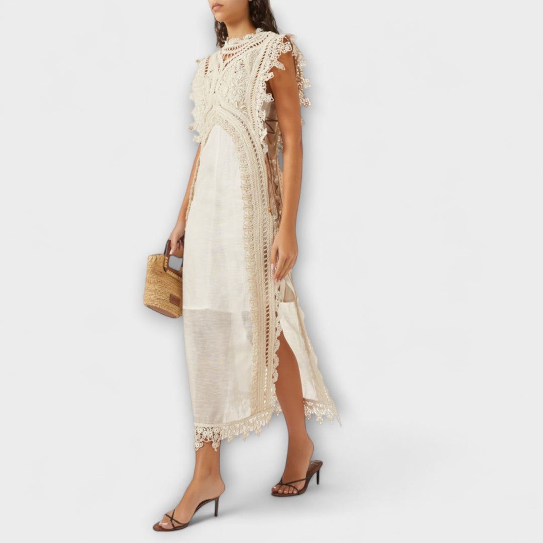Mira - Vestido Maxicréme de Organza con Encaje
