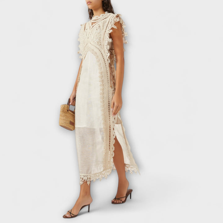 Mira - Vestido Maxicréme de Organza con Encaje