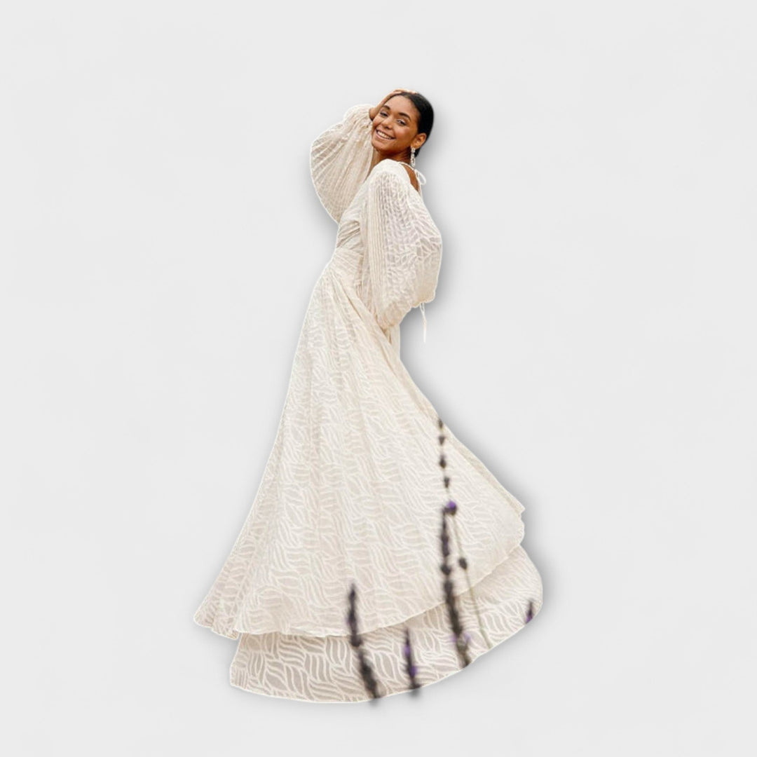 Elsa - Vestido maxi color crema con bordado elegante