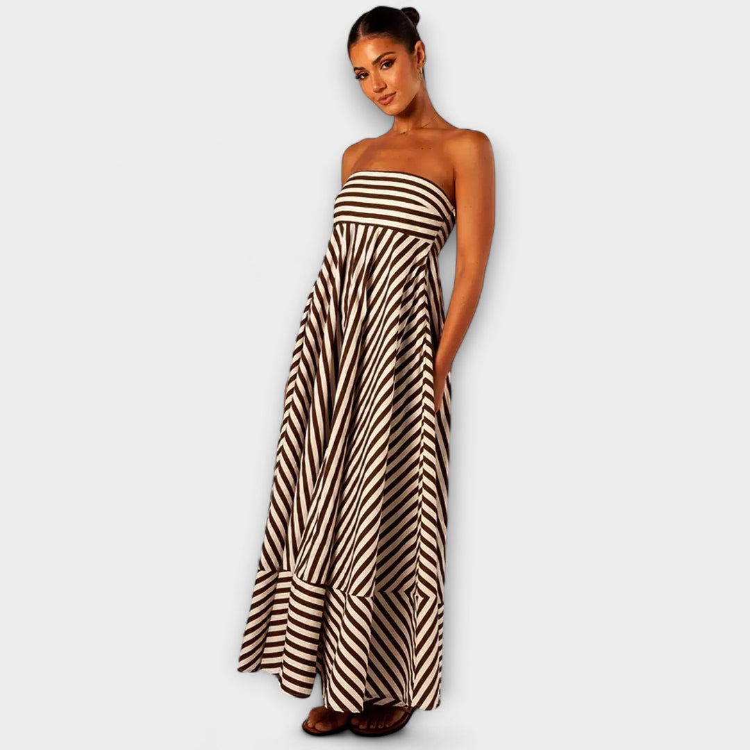 Vestido maxi con volantes a rayas en beige y negro