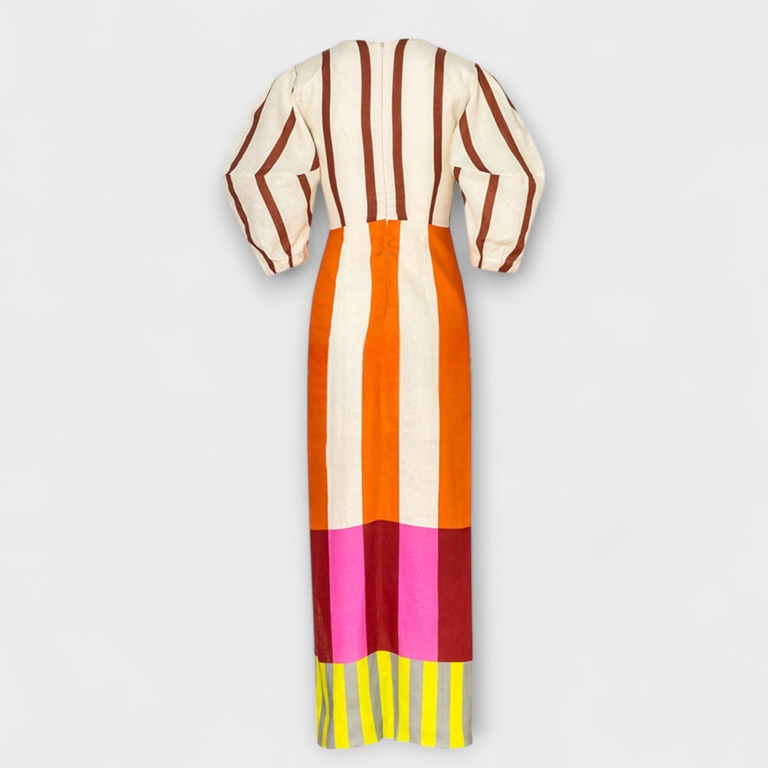 Kaya - Vestido maxí colorido con bloques y mangas abullonadas