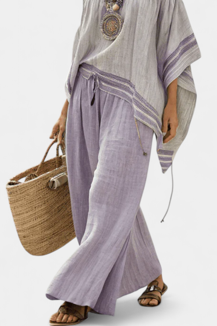 Natália - Conjunto bohemio gris Bardot con pantalones morados