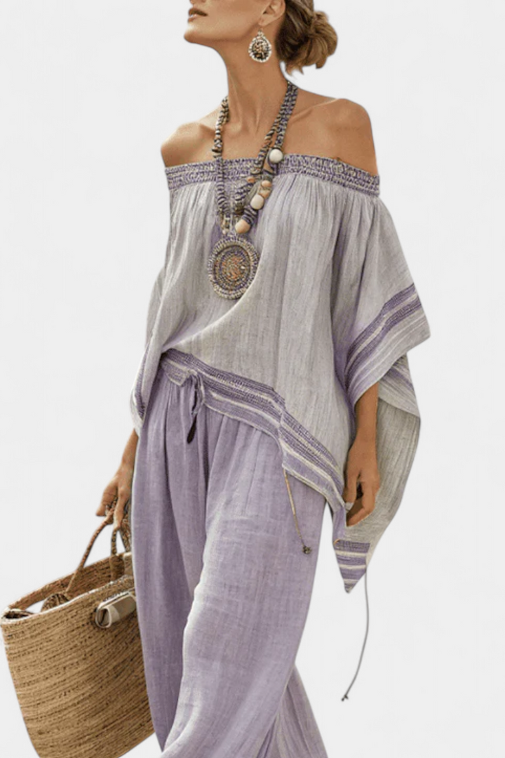 Natália - Conjunto bohemio gris Bardot con pantalones morados