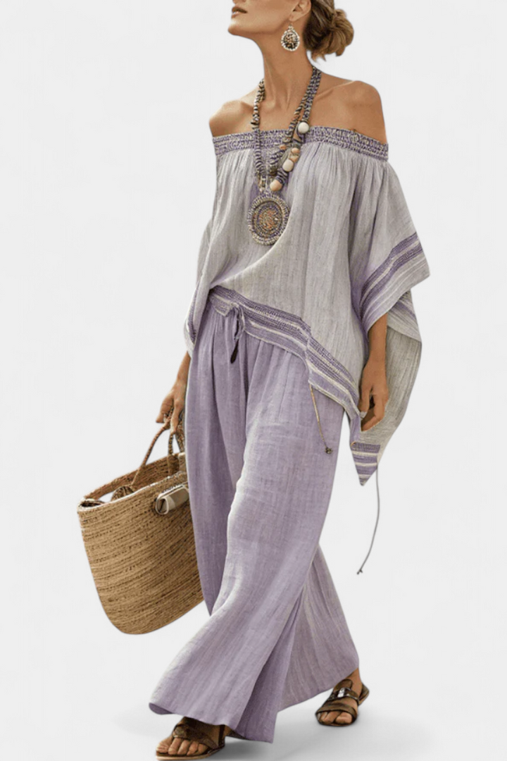 Natália - Conjunto bohemio gris Bardot con pantalones morados