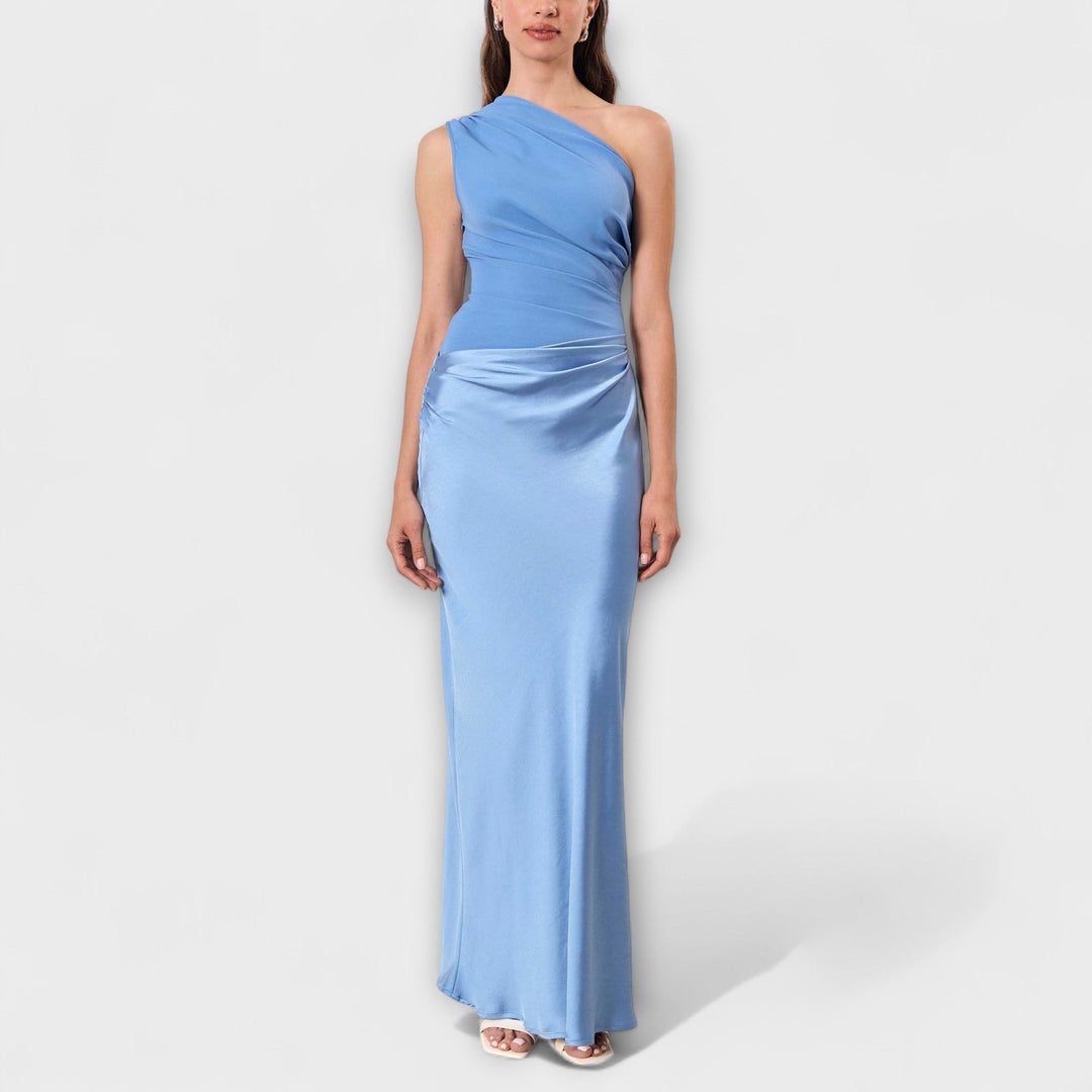 Vestido maxi elegante de un solo hombro en marrón