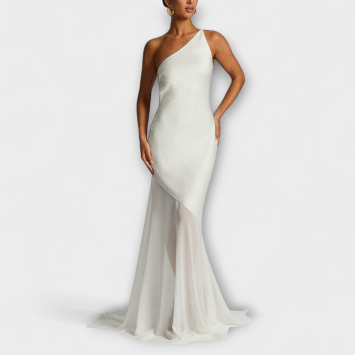 Avalon - Vestido maxi color crema de un solo hombro