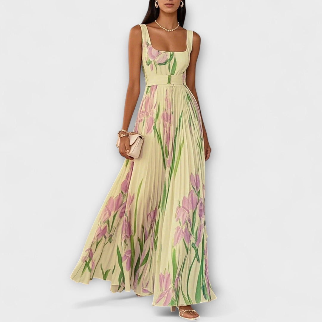 Vestido Maxí de Chifón Floral Plisado en Crema