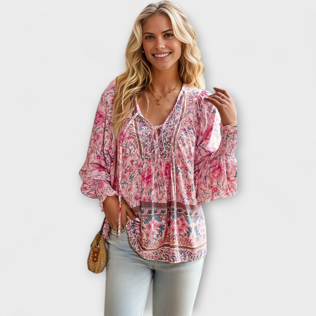 Melodie - Top bohemio con escote en V y lazo frontal