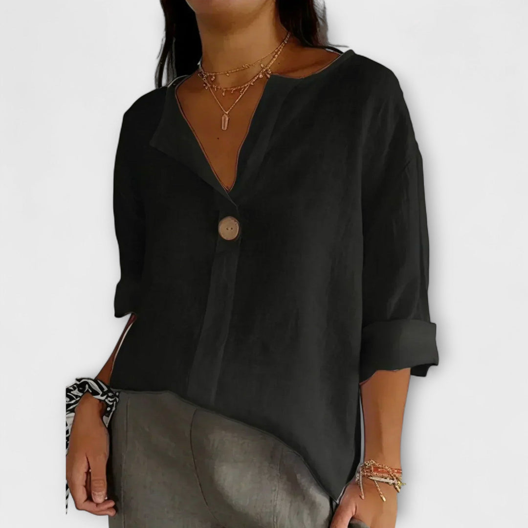 Nicole - Blusa de lino beige con escote en V