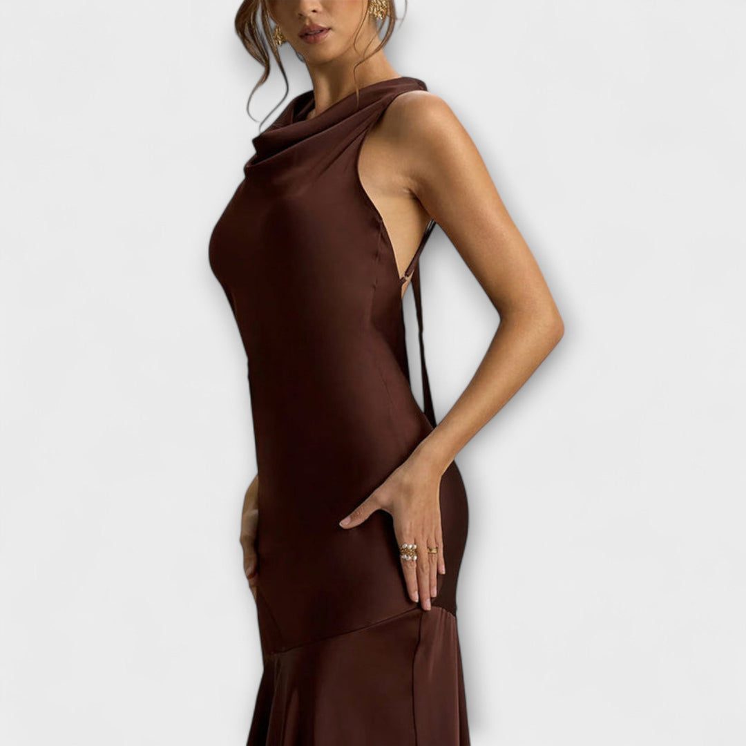 Lennon - Elegante vestido maxilargo de satén en verde oliva