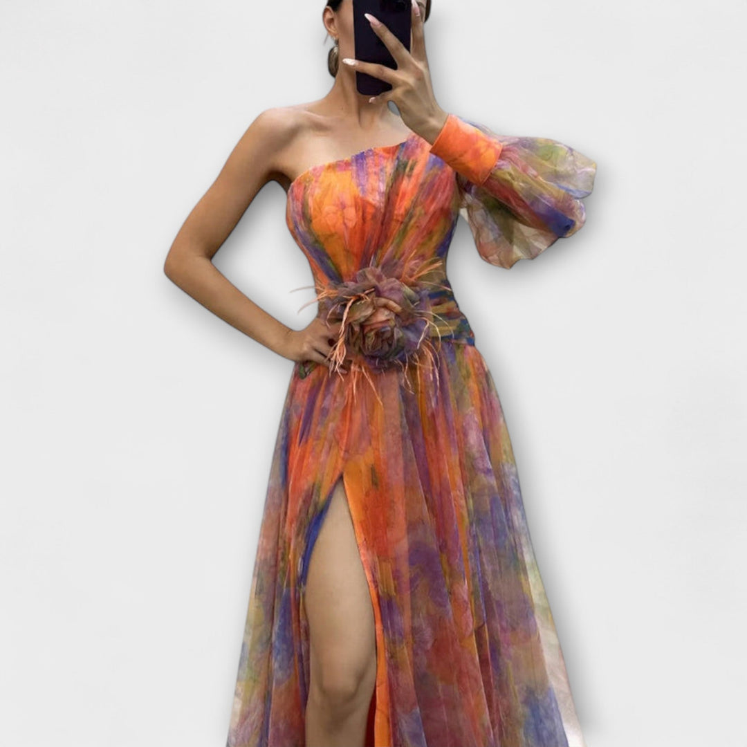 Minna - Vestido maxi asimétrico lila con estampado atractivo