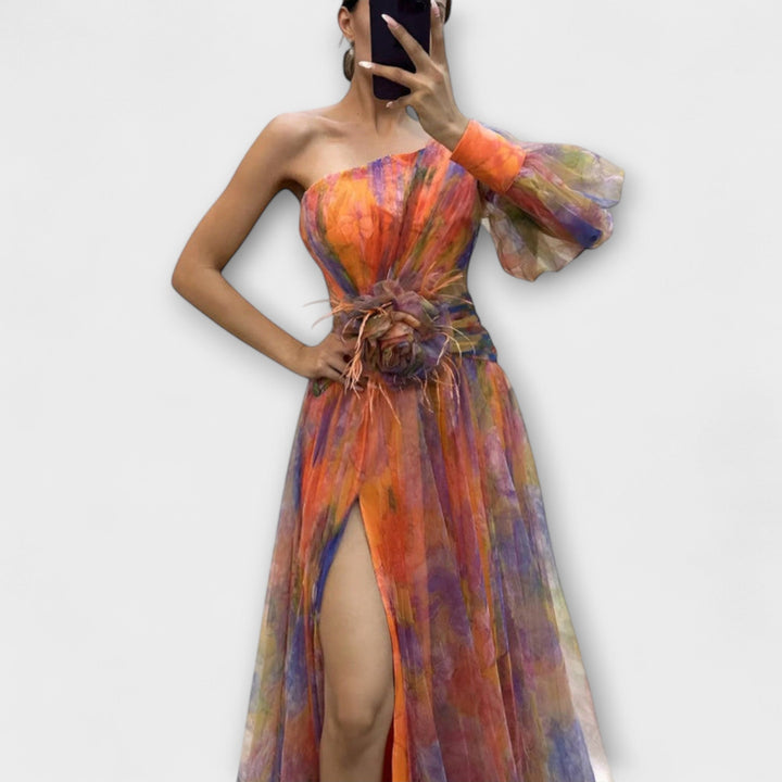 Minna - Vestido maxi asimétrico lila con estampado atractivo
