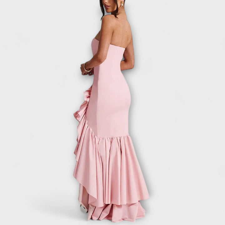 Zuri - Vestido maxí rosa off-shoulder con volantes