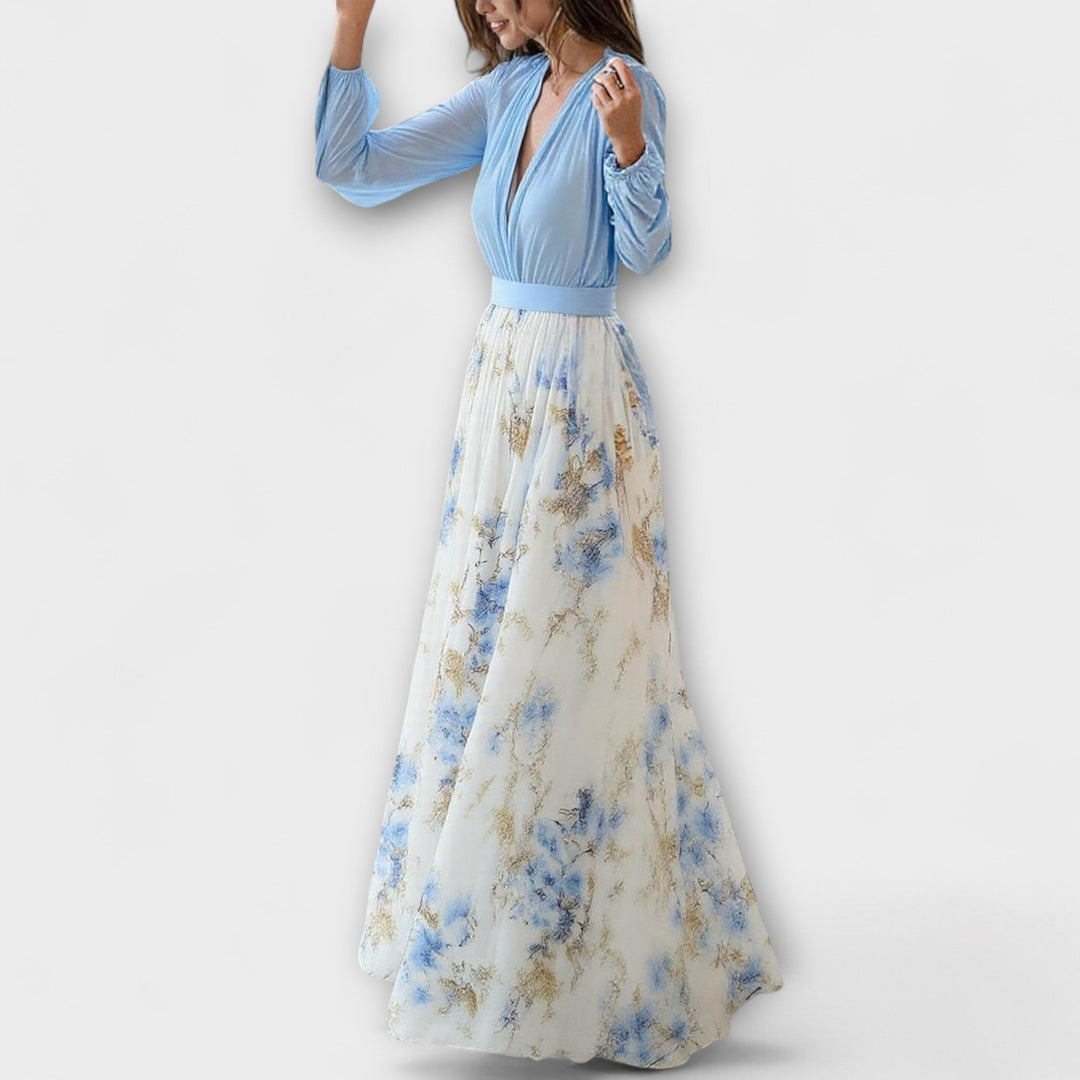 Harper - Vestido Maxí Floral en Azul Cielo