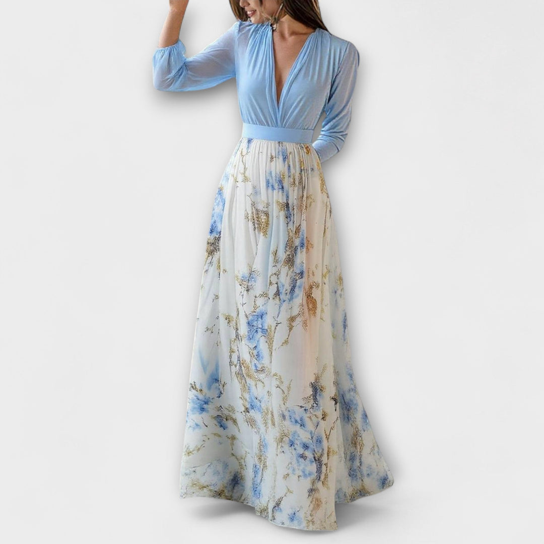 Harper - Vestido Maxí Floral en Azul Cielo