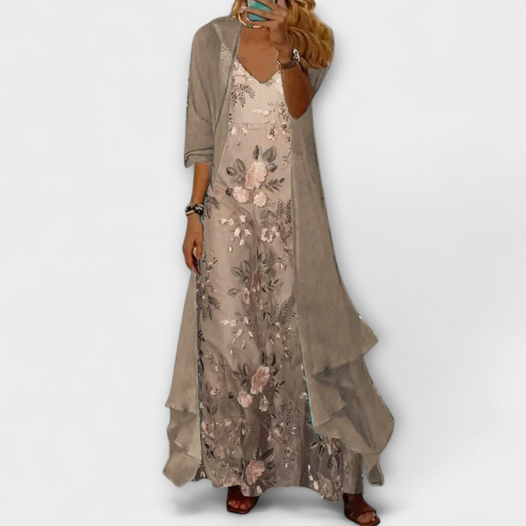 Mara - Vestido maxi verde graugrün con chaqueta