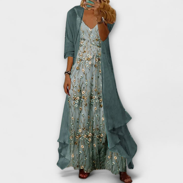 Mara - Vestido maxi verde graugrün con chaqueta