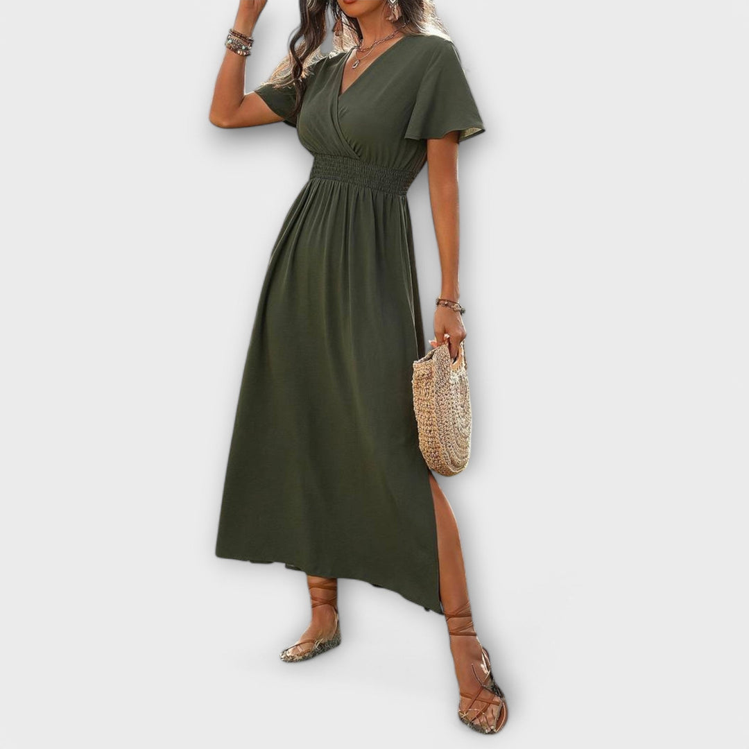 Heather - Vestido boho verde oliva con abertura