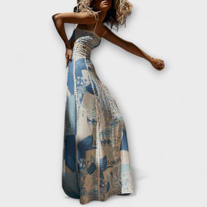 Terazza - Vestido maxi de lino azul y blanco con estampado