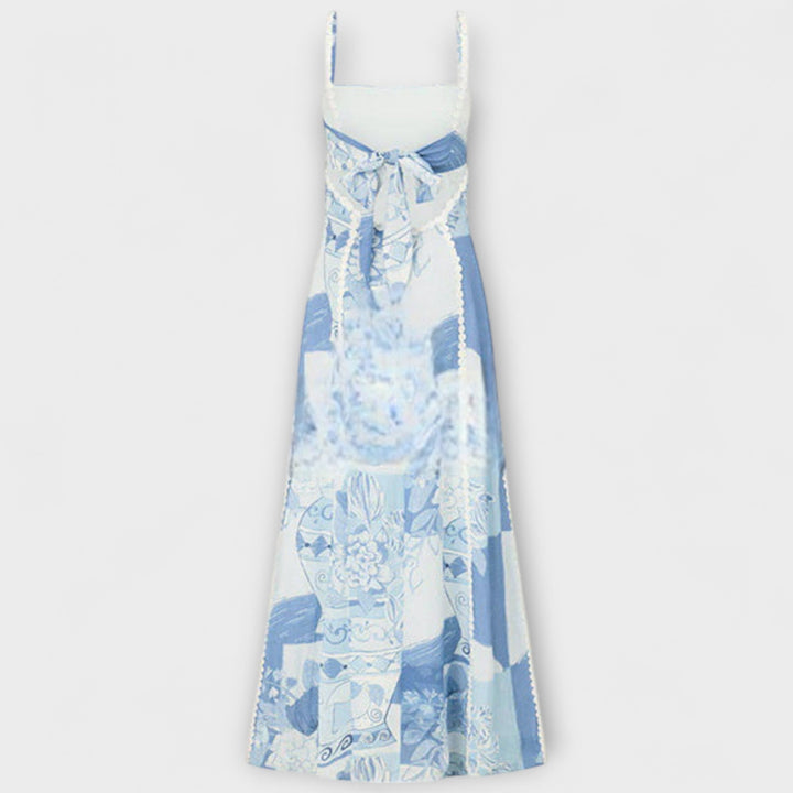 Terazza - Vestido maxi de lino azul y blanco con estampado