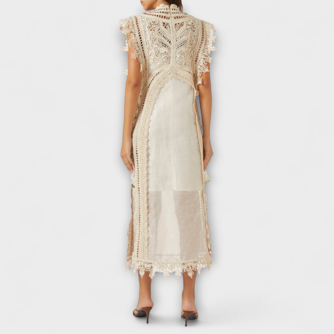 Mira - Vestido Maxicréme de Organza con Encaje