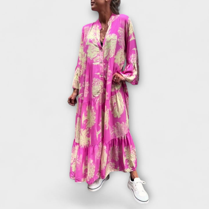 Nerina - Maxivestido beige con estampado de acuarela
