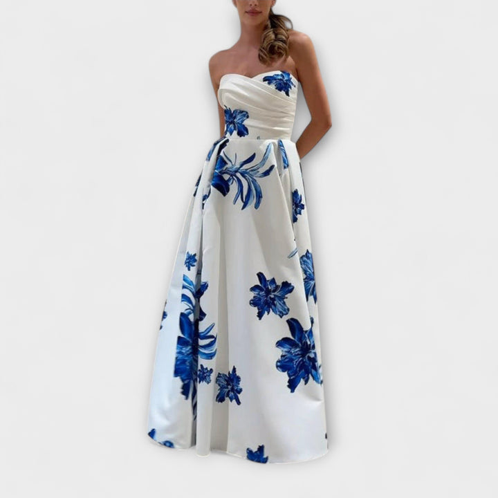 Rosalie - Vestido maxilargo off-shoulder en blanco y azul con flores