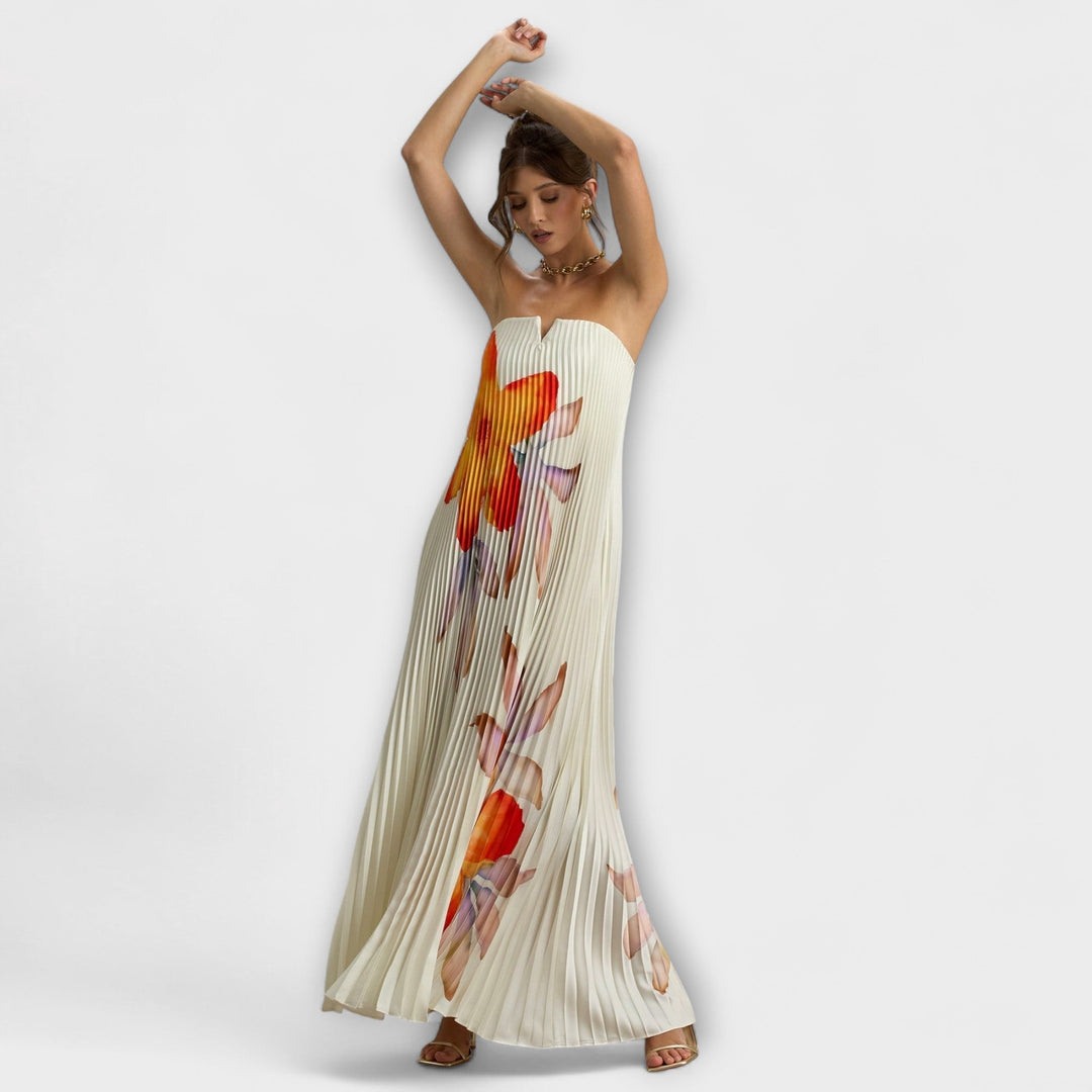 Michelle - Vestido maxilargo color crema con estampado de flores naranjas