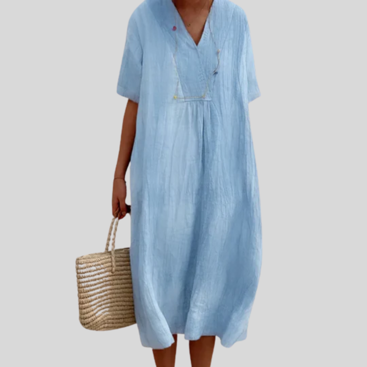 Vestido de lino azul claro con escote en V