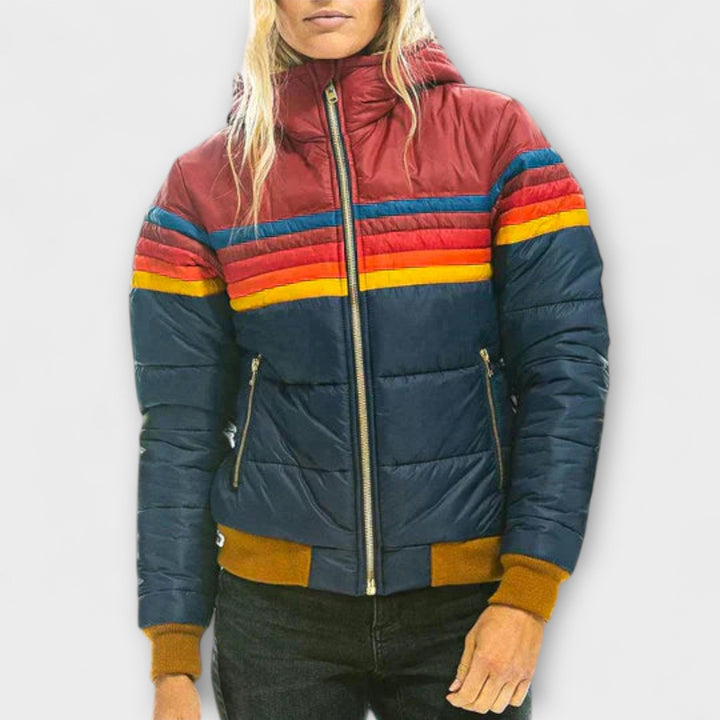 Roswitha - Parka retro colorida con capucha de piel sintética