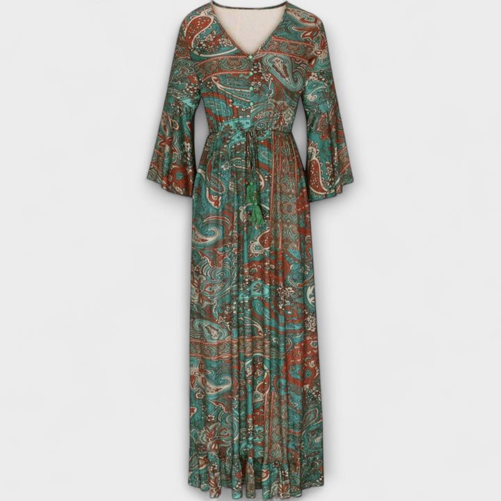 Renatilen - Vestido maxi verde con estampado de paisley